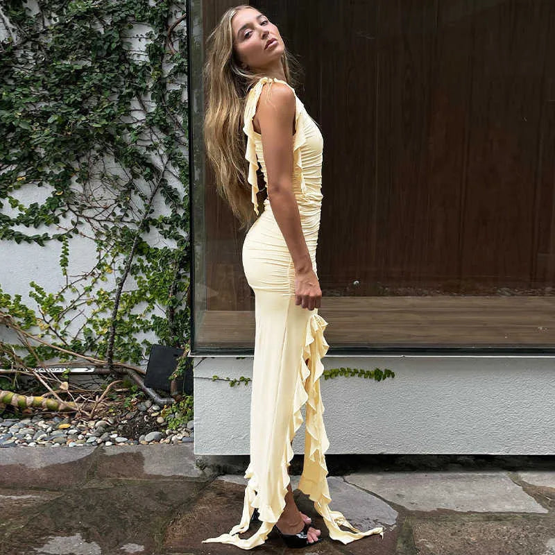 Ruffled Slit Slim Fit Party Dress