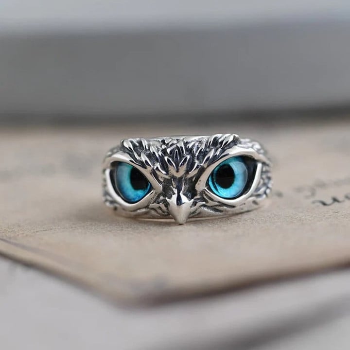 Retro Blue Crystal Eyes Owl Rings