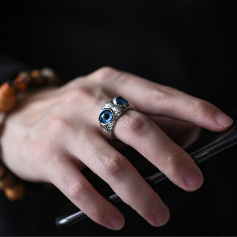 Retro Blue Crystal Eyes Owl Rings