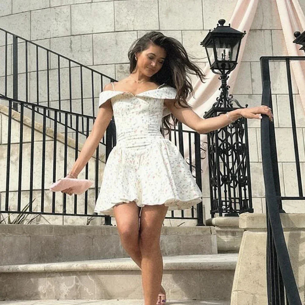 Luxe Tulle A-Line Mini Dress – Off-Shoulder Floral Elegance for Garden Parties & Summer Soirées