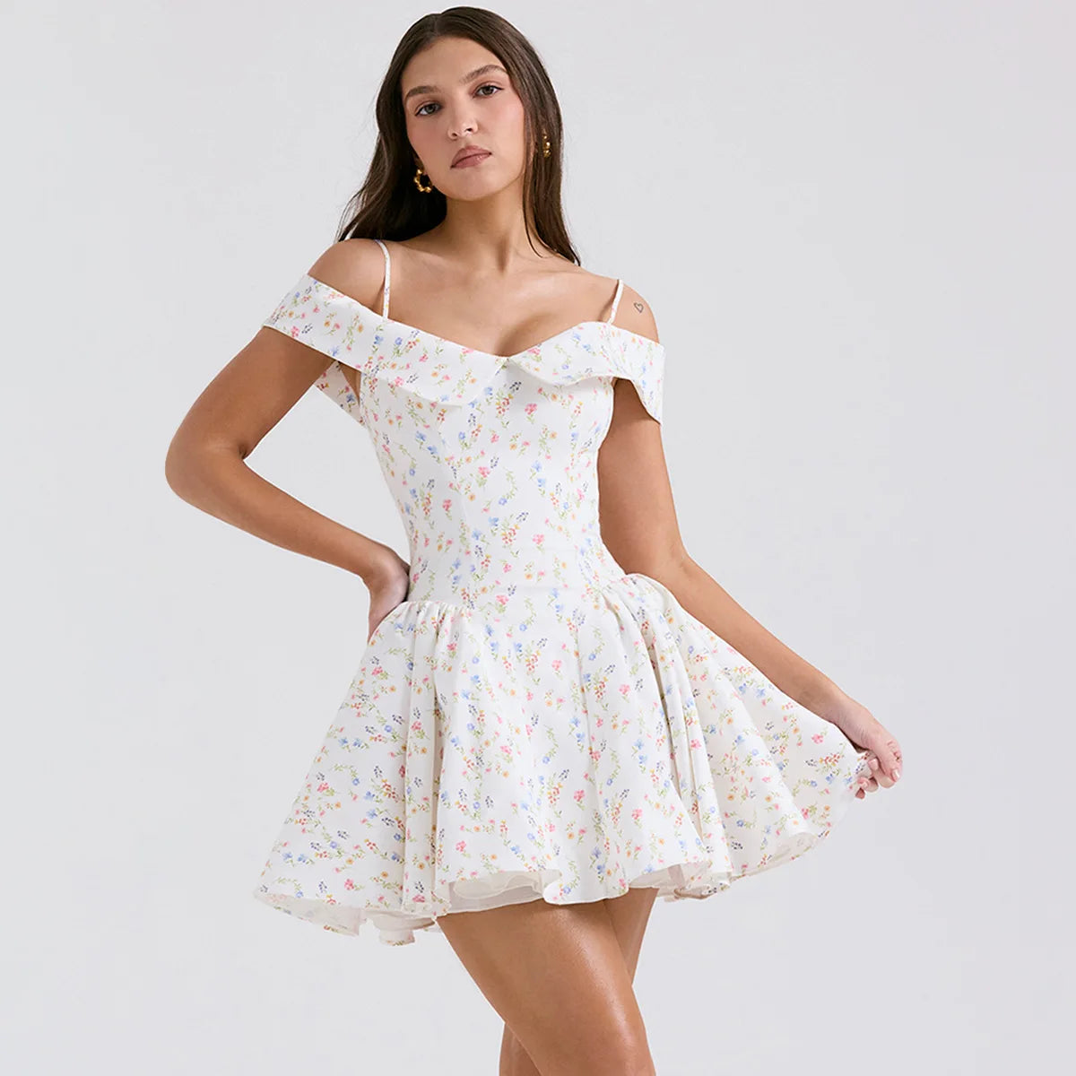 Luxe Tulle A-Line Mini Dress – Off-Shoulder Floral Elegance for Garden Parties & Summer Soirées