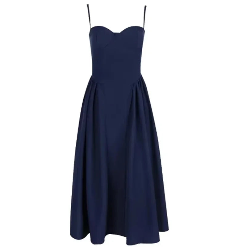 La Belle Soirée – Spaghetti Strap Structured Midi Gown in Hidden Blue