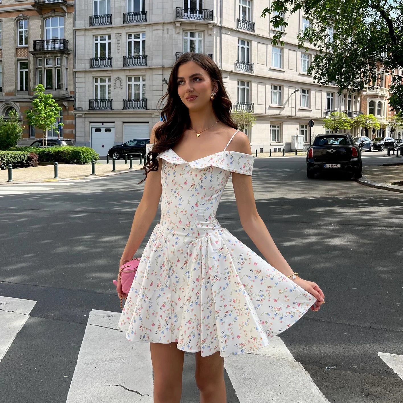 Luxe Tulle A-Line Mini Dress – Off-Shoulder Floral Elegance for Garden Parties & Summer Soirées