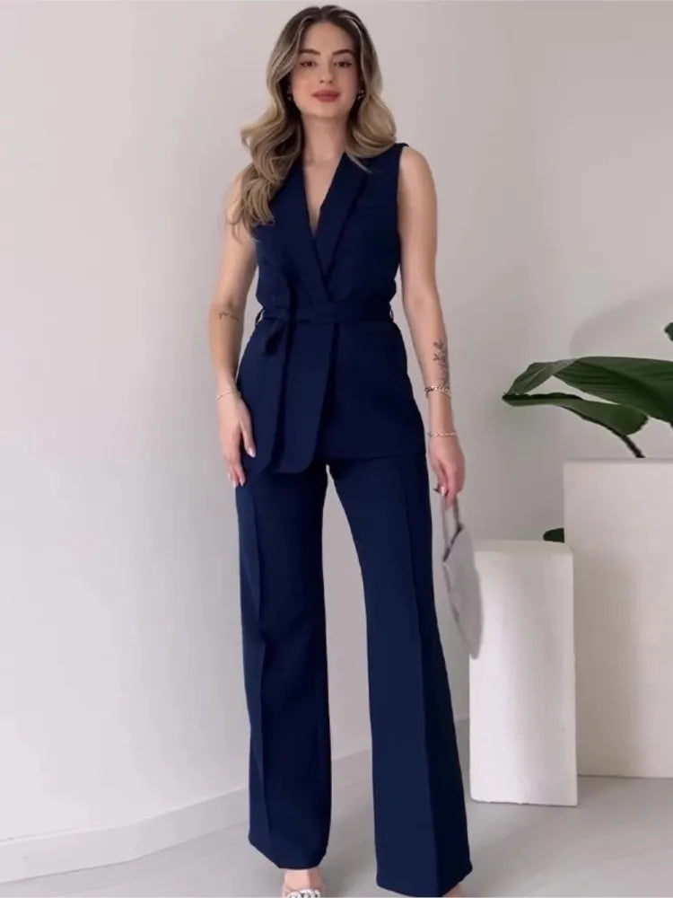 Valentina Crimson Ensemble - Tailored Sleeveless Suit with Wide-Leg Trousers
