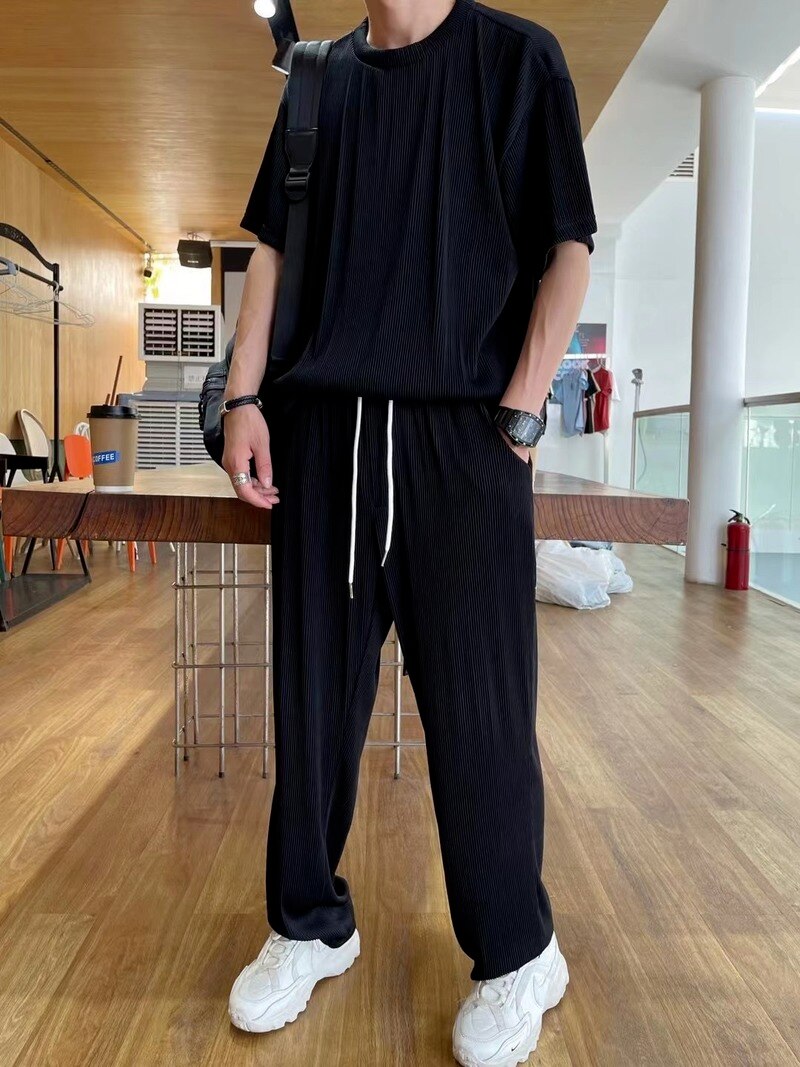 Straight Pleated Ice Silk Men Casual Suit