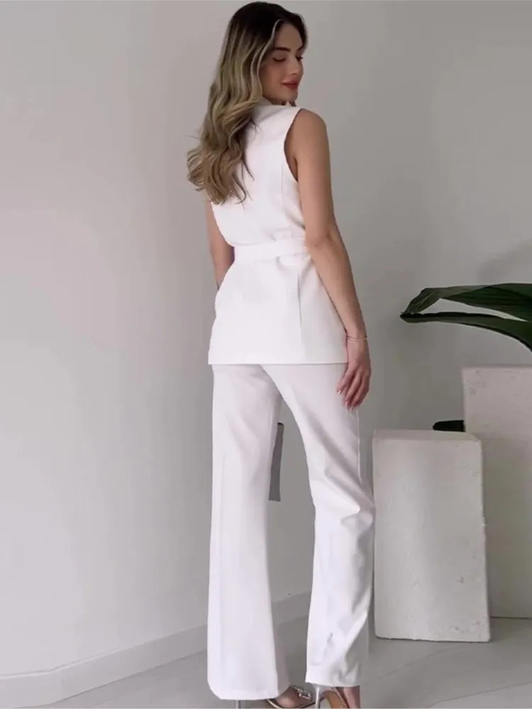 Valentina Crimson Ensemble - Tailored Sleeveless Suit with Wide-Leg Trousers
