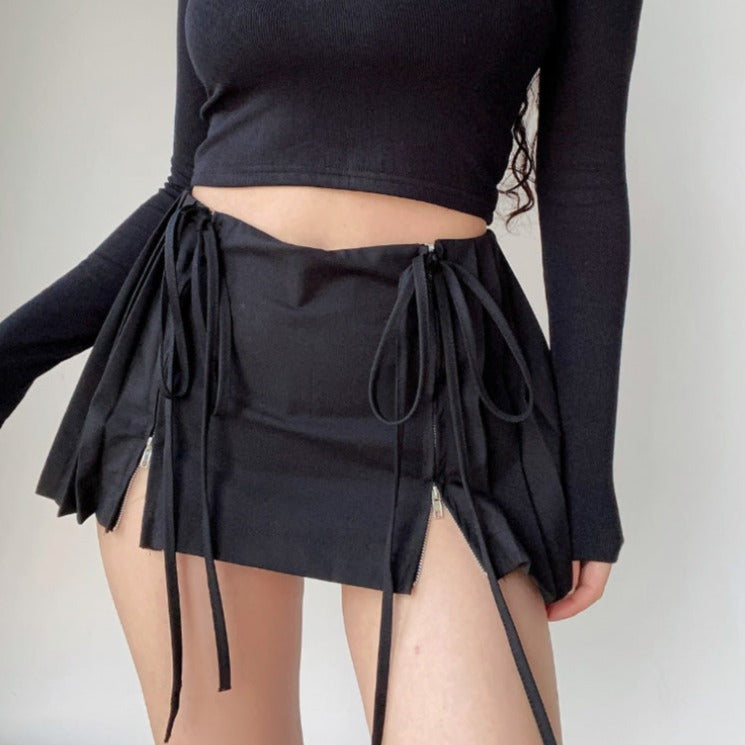 Zipped Strings Pleated Mini Skirts