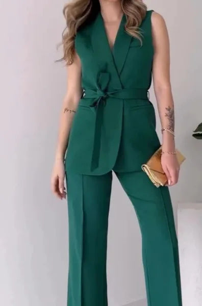 Valentina Crimson Ensemble - Tailored Sleeveless Suit with Wide-Leg Trousers