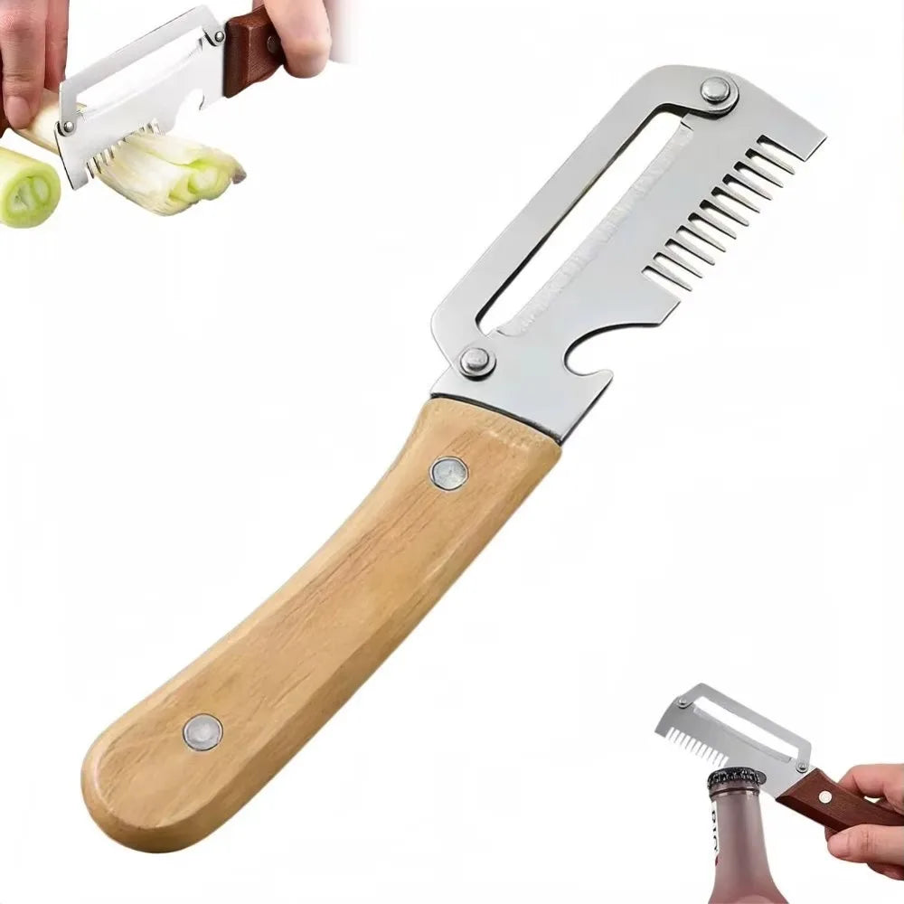 Multifunctional Cabbage Shredder & Vegetable Peeler Slicer - Stainless Steel Dual-Blade Julienne Cutter with Ergonomic Wooden Handle - Handheld Kitchen Tool for Coleslaw, Salads & Prep