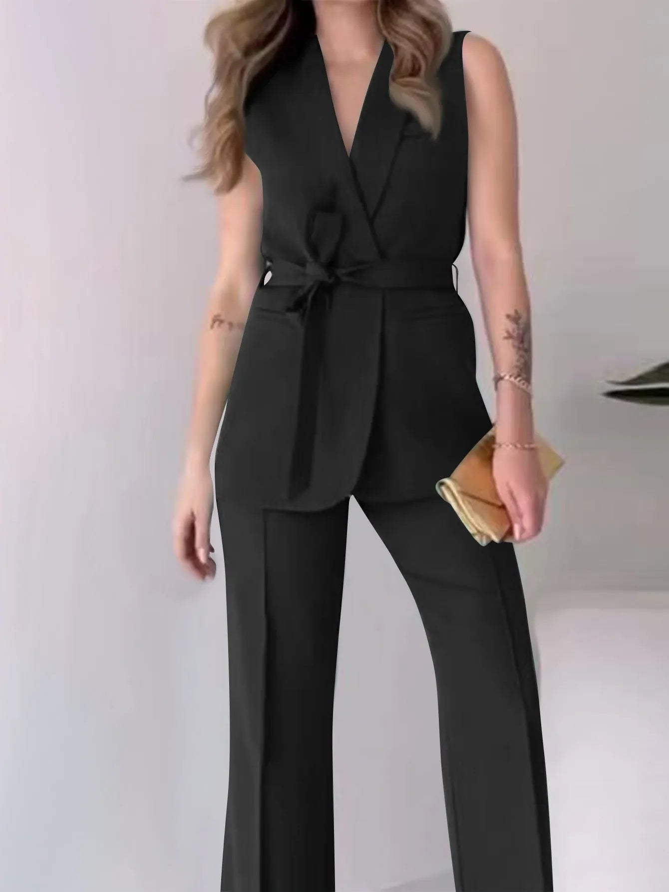 Valentina Crimson Ensemble - Tailored Sleeveless Suit with Wide-Leg Trousers