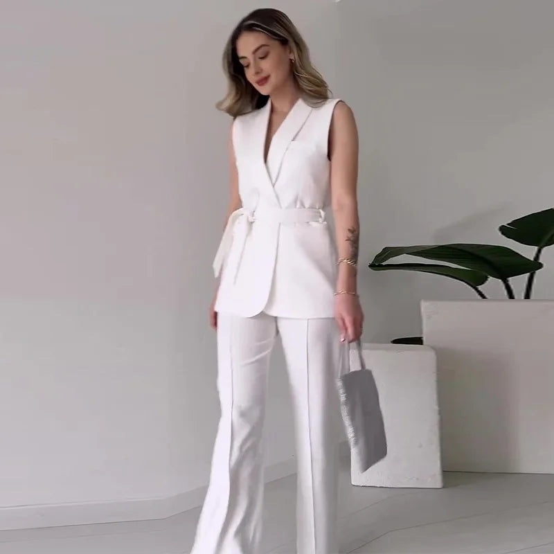Valentina Crimson Ensemble - Tailored Sleeveless Suit with Wide-Leg Trousers