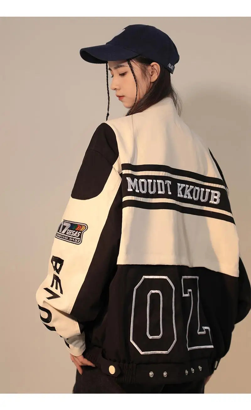 Y2K Harajuku Graphic Cropped Varsity Jacket & Mini Skirt Set - Streetwear Two-Piece Outfits - Letterman Racing Bomber & Number 98 High-Waist Skirt