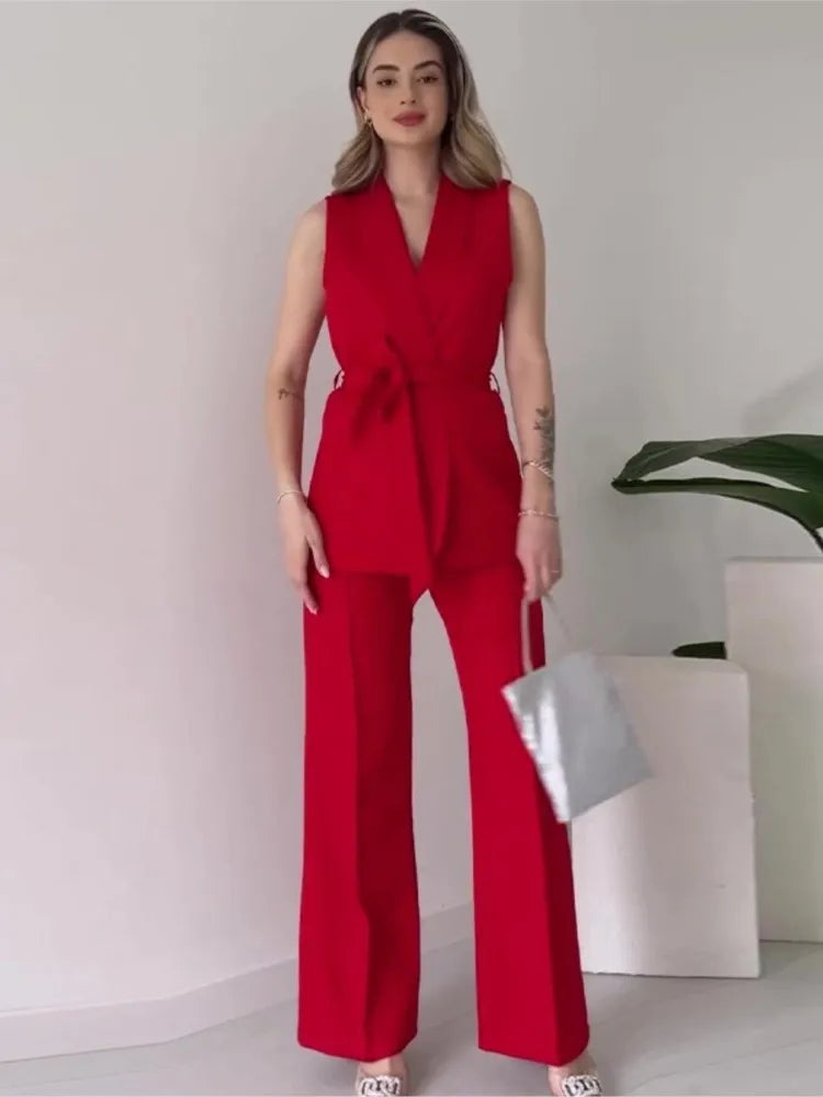 Valentina Crimson Ensemble - Tailored Sleeveless Suit with Wide-Leg Trousers