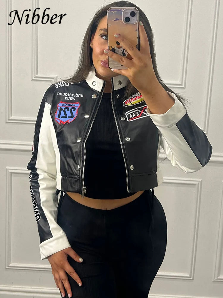 Y2K Retro Racing Crop Jacket - Women’s Harajuku Moto Streetwear - Green & Black Patchwork Faux Leather Biker Outwear - Aesthetic Speed Club Cropped Bomber - Vintage Moto-Style Fashion