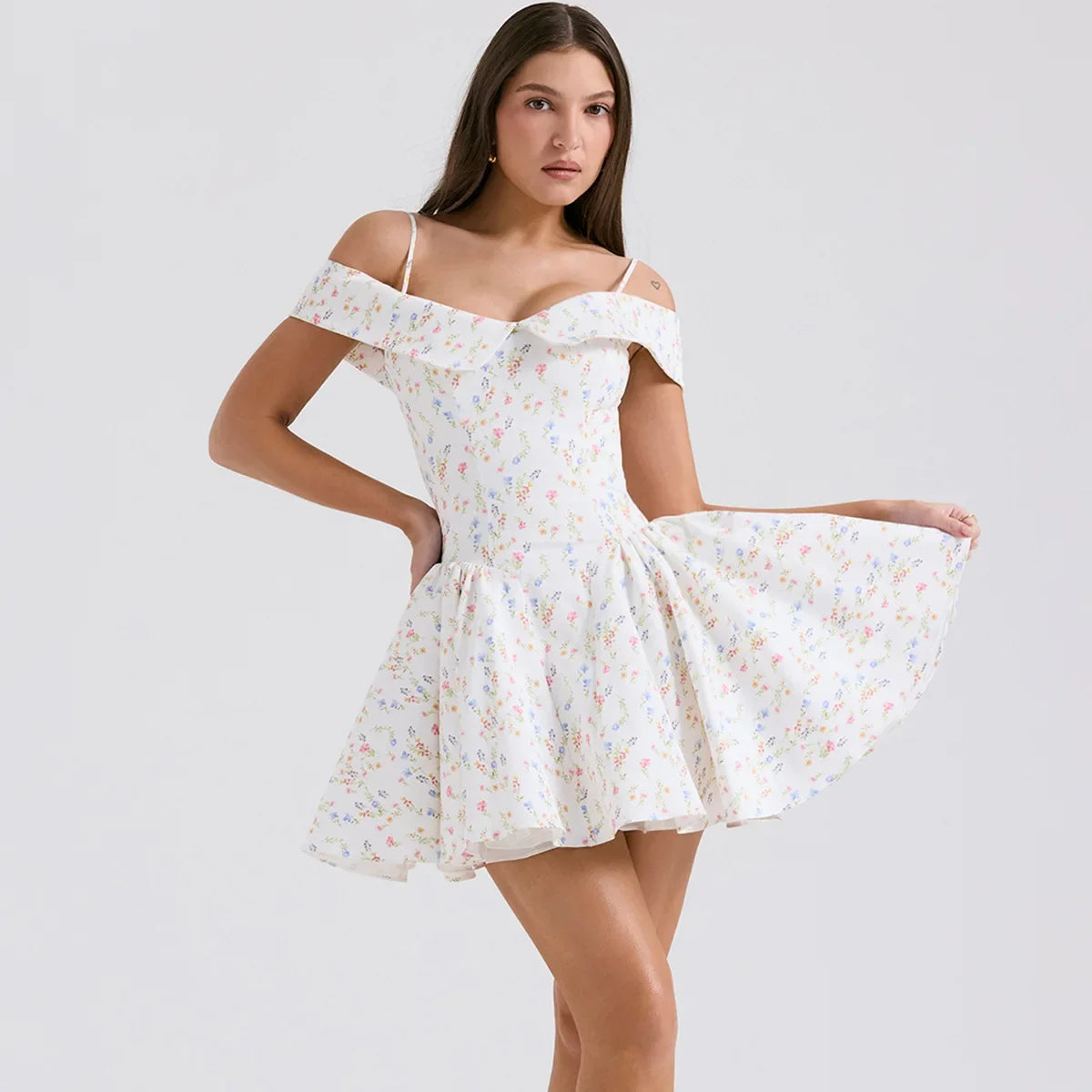 Luxe Tulle A-Line Mini Dress – Off-Shoulder Floral Elegance for Garden Parties & Summer Soirées
