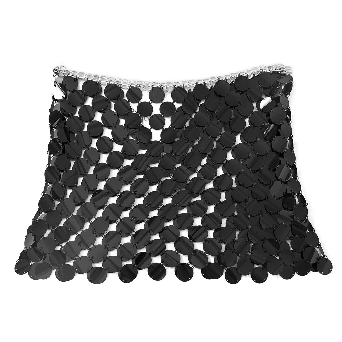 Metallic Disc Chainmail Mini Skirt - Sparkly Black Sequin Link Body Chain Belt - Festival Rave Nightout Statement Skirt - Adjustable Luxury Sequin Fringe Beach Cover-up for Women