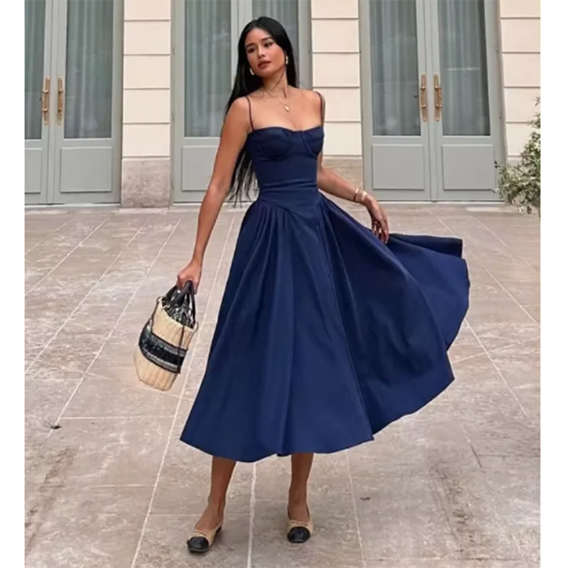 La Belle Soirée – Spaghetti Strap Structured Midi Gown in Hidden Blue