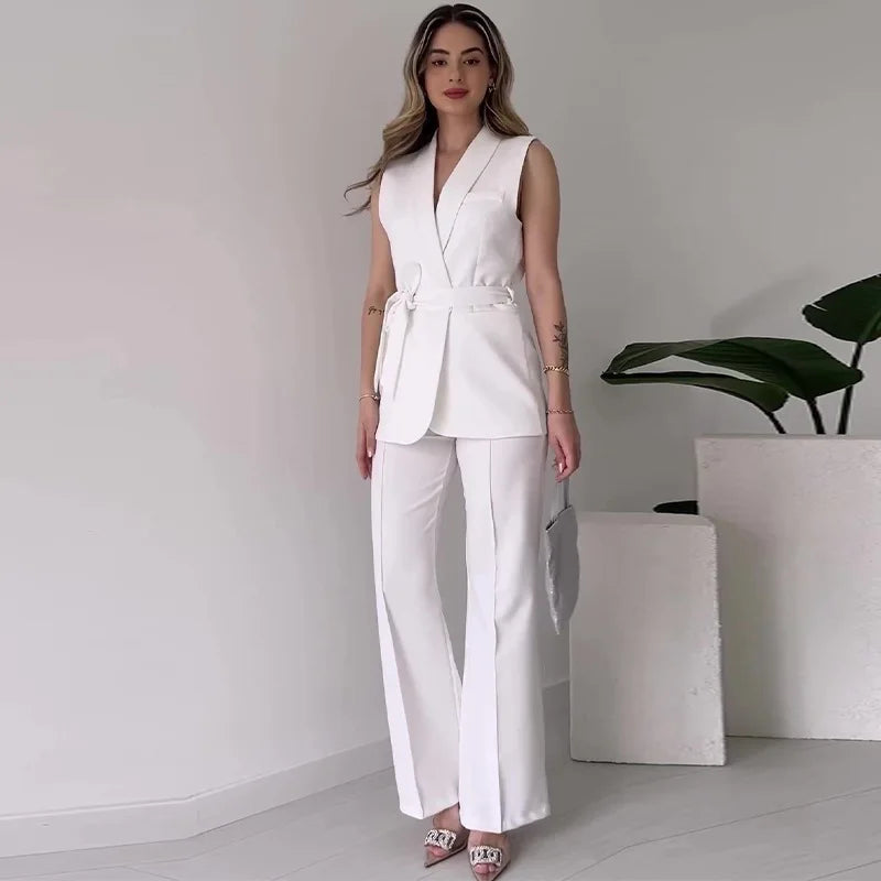 Valentina Crimson Ensemble - Tailored Sleeveless Suit with Wide-Leg Trousers