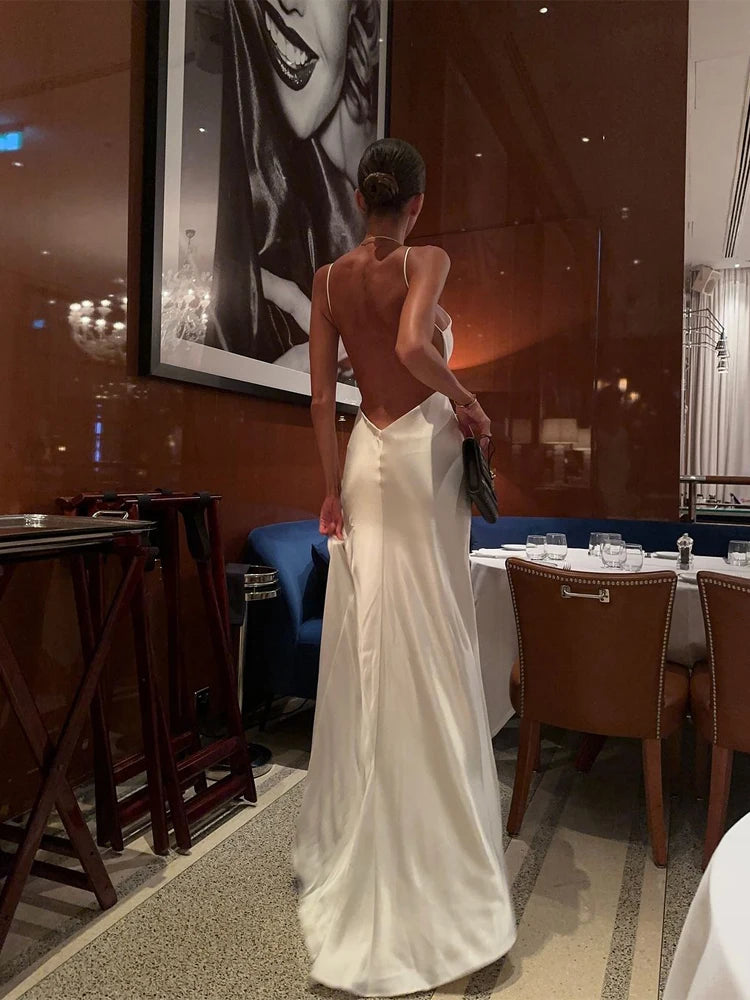 Elegant White Silk Satin Maxi Slip Dress - Premium Spaghetti Strap V-Neck Backless Evening Gown - High-Slit Luxury Silk Long Dress for Weddings, Prom, Cocktail Parties & Formal Events