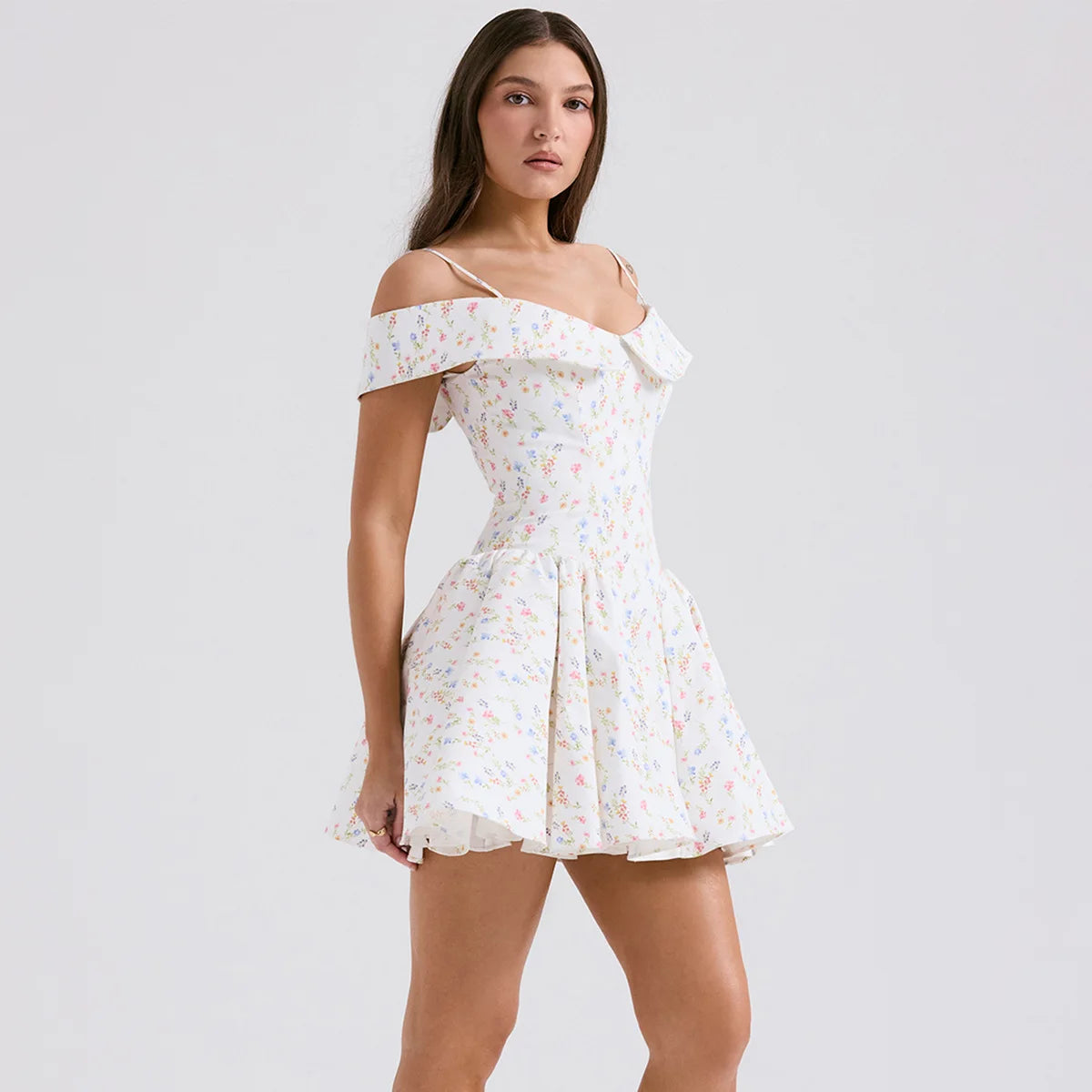 Luxe Tulle A-Line Mini Dress – Off-Shoulder Floral Elegance for Garden Parties & Summer Soirées