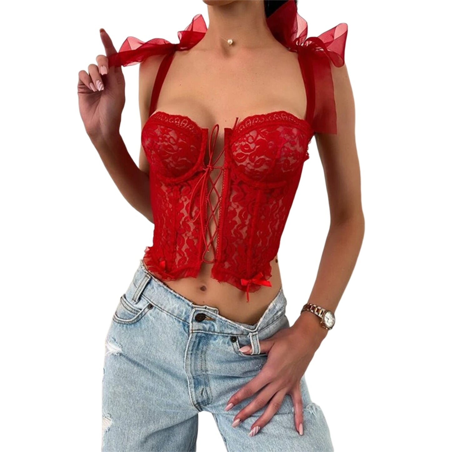 Square Collar Floral Ribbon Corset