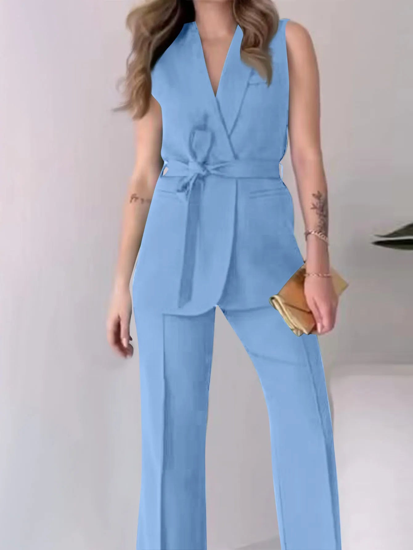 Valentina Crimson Ensemble - Tailored Sleeveless Suit with Wide-Leg Trousers