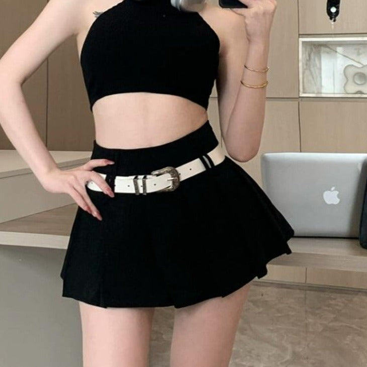 Y2K Mid Belt Pleated Skirt