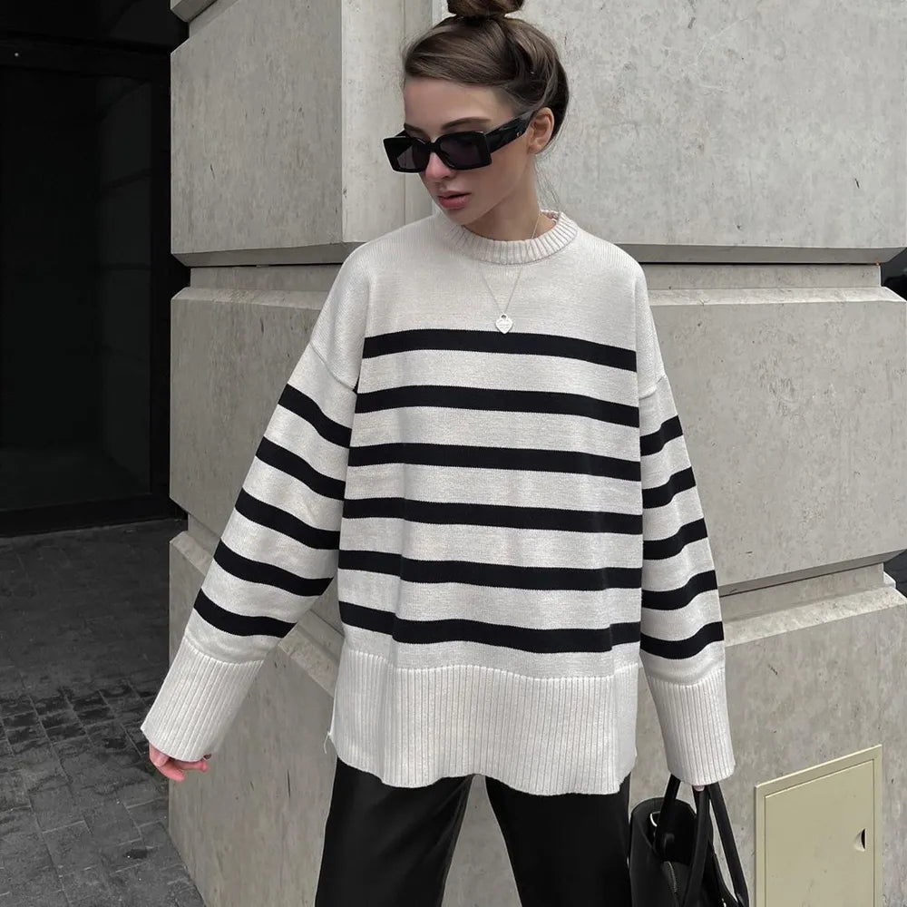 Chic Striped Low Slit Sweater