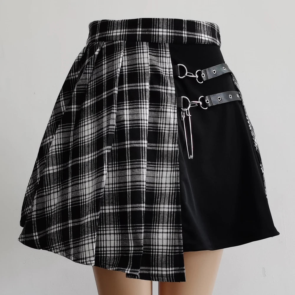 Gothic Red Plaid Patchwork Mini Skirt - Punk Rock Asymmetrical Pleated Skater Skirt - Harajuku Alt E-Girl A-Line Bottoms - Edgy High-Waisted Streetwear Skirt with Faux Leather Buckles & Safety Pin Accent