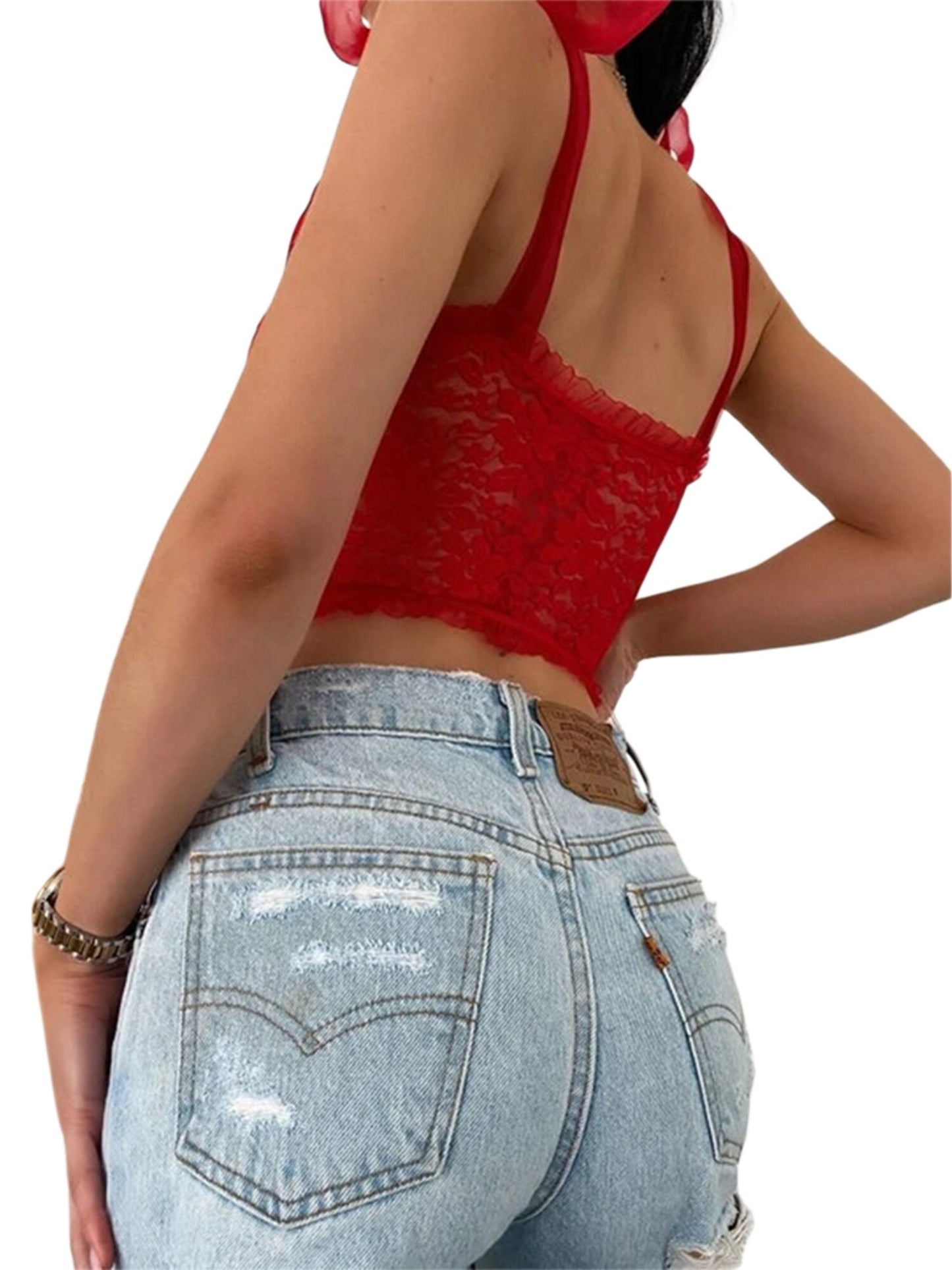 Square Collar Floral Ribbon Corset