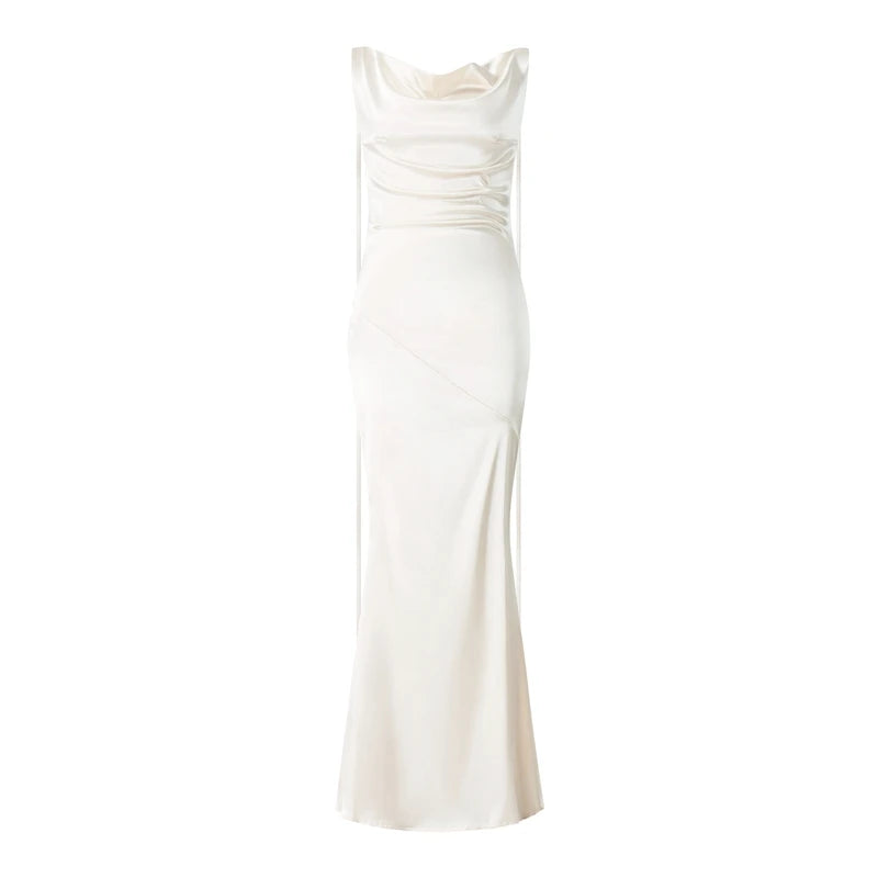 Elegant Buttermilk Cowl Neck Satin Maxi Slip Dress - Premium Backless Draped Silk Evening Gown - Luxury Champagne Long Dress with Low Open Back for Weddings, Prom, Dinners & Formal Events