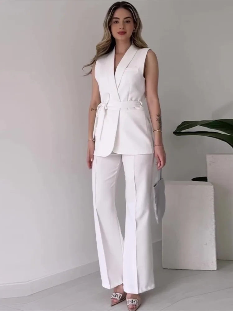 Valentina Crimson Ensemble - Tailored Sleeveless Suit with Wide-Leg Trousers