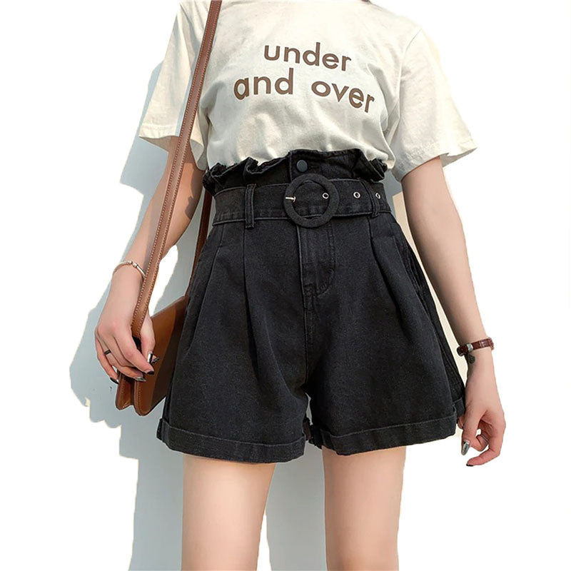 Wide Belt Elastic High Waist Denim Shorts