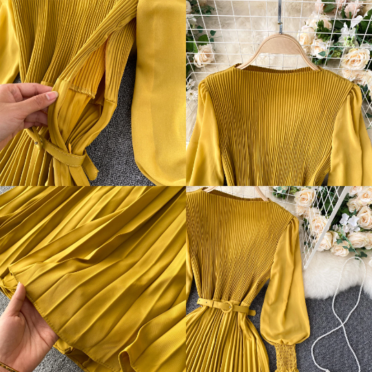 Slim Waist Pleated Elegant Chiffon Dress - Women's Spring French Style Puff Long Sleeve