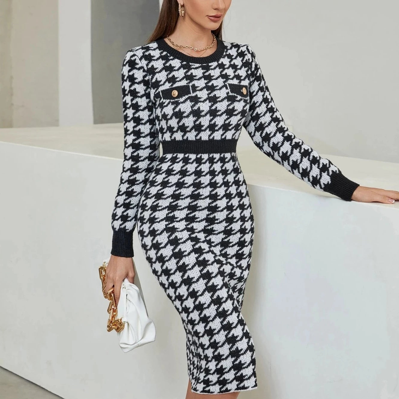 Houndstooth Elegant Midi Dress