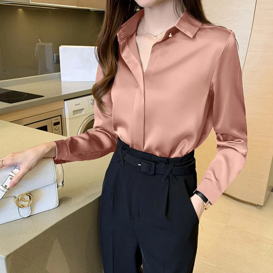 Silk Long Sleeve Shirts Blouse - Office Lady Satin Top
