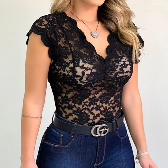 Lace Summer Blouse Sexy Deep V Neck Fashion Tops Sleeveless