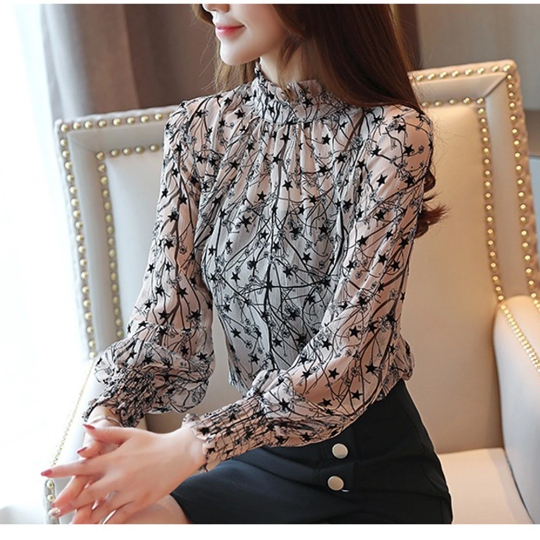 Floral Print High Neck Chiffon Fashion Blouse