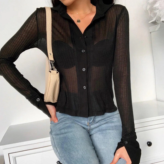 Transparent Turn Down Collar Style Women's Long Sleeves Top
