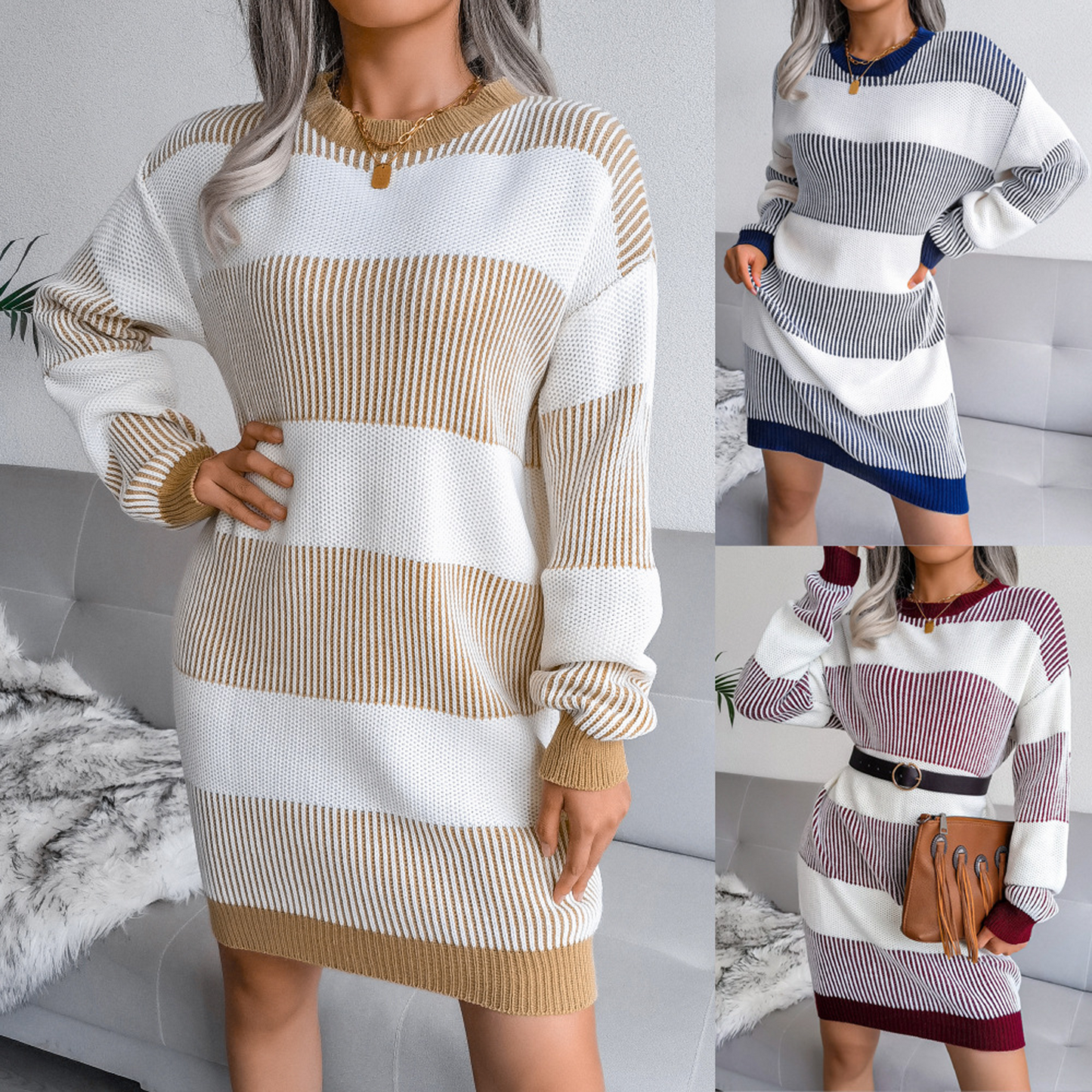 Striped Casual Loose Sweater Knitted Dress