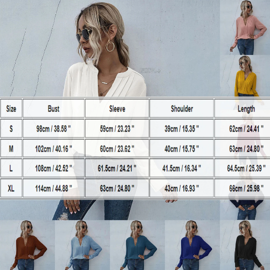 Long Sleeve Chiffon Blouse V Neck Pleated