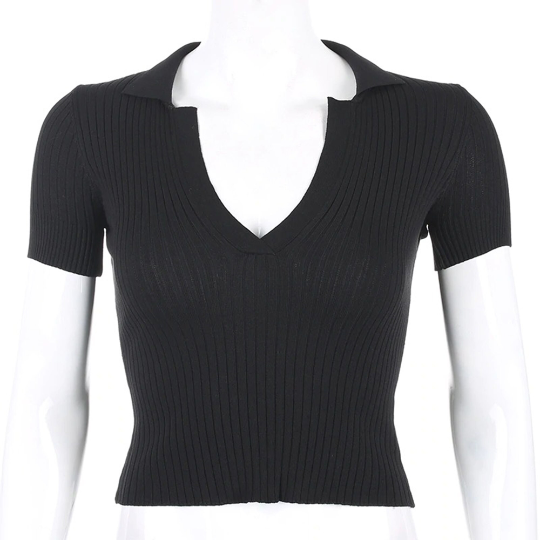 Chic knitted V-neck Short Sleeves Style Women's Skinny Top