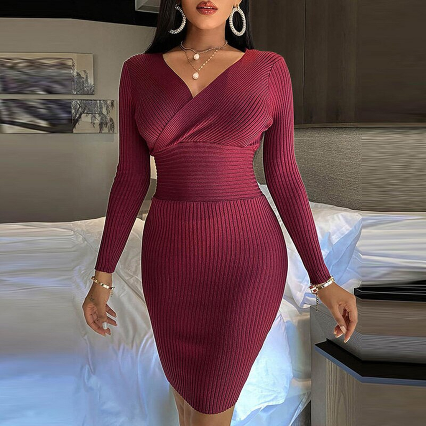 Women's Elegant V Neck Slim Fit Bodyon Dress Mini Dresses