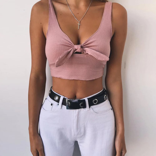 Ribbed Bowknot Tie Style Fashion Crop Top