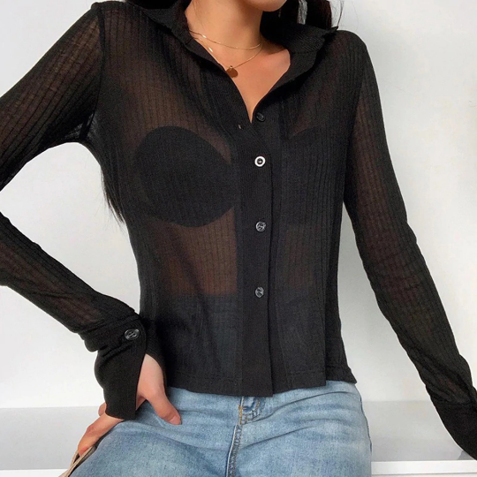 Transparent Turn Down Collar Style Women's Long Sleeves Top