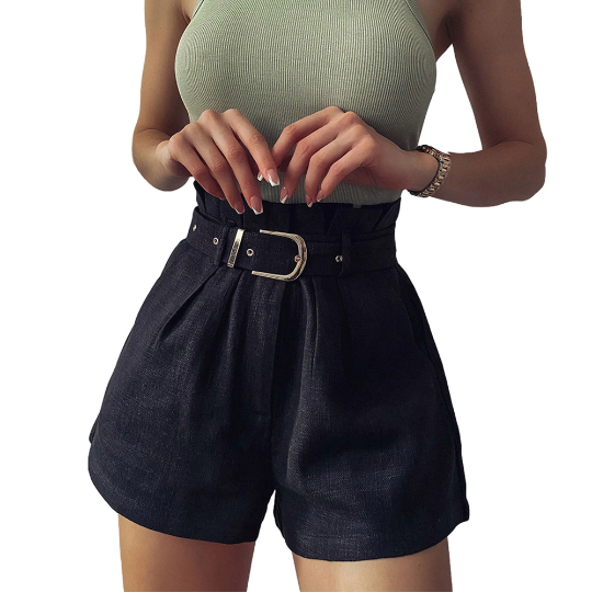 Pleated High Waist Buckled Belt Elastic Style Women's Shorts