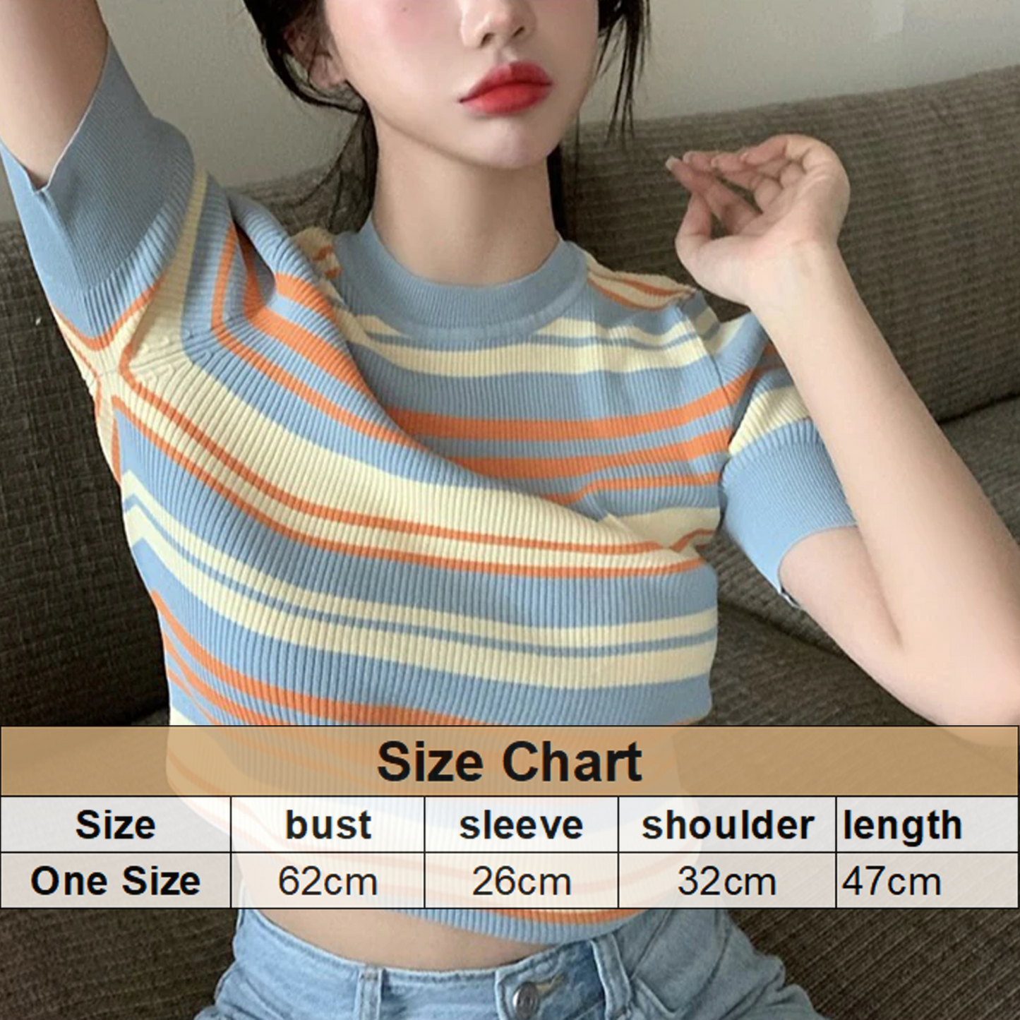 Kpop Fahion Knitted Rainbow Stripes Short Sleeve Women's Tshirt(One Size)