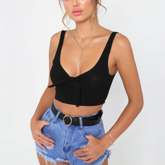 Ribbed Bowknot Tie Style Fashion Crop Top