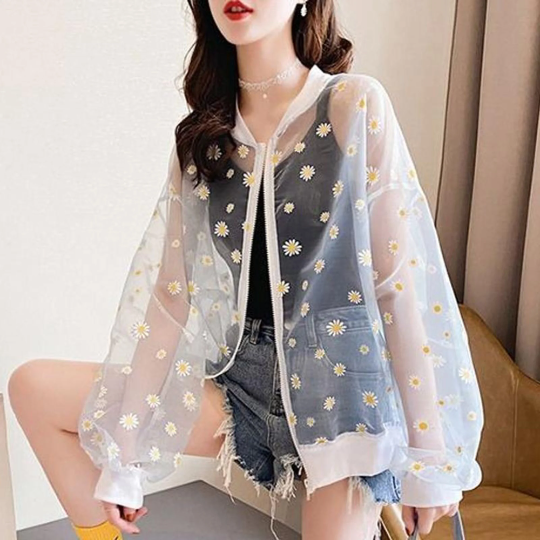Mini White Daisies Print Style Women's See-through Coat