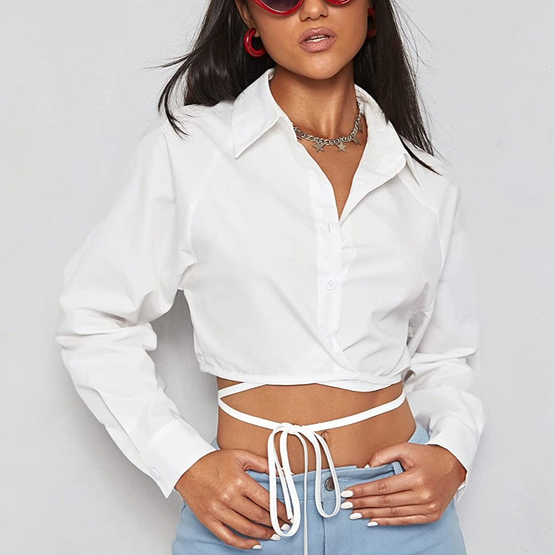 Cropped Lace Up Waist Shirt